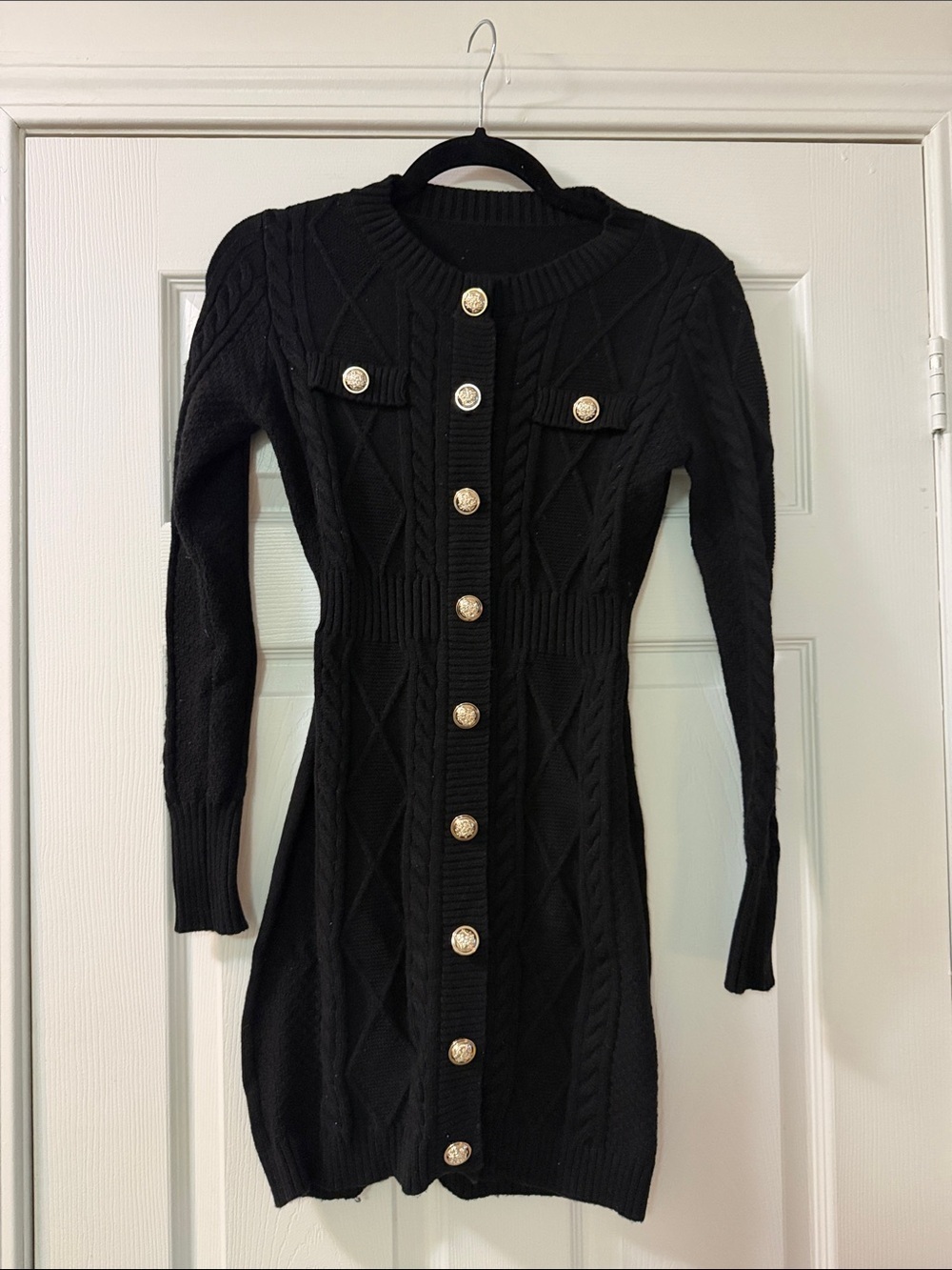 Black Button-Front Cable Knit Sweater Dress